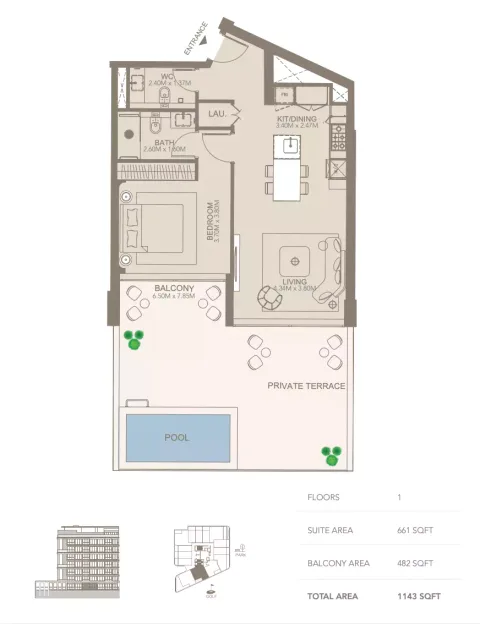 Floor plan, 1 Bed, 1,143 sq ft