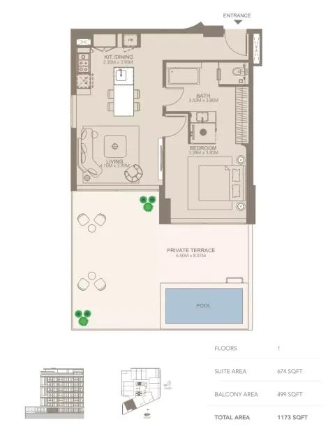 Floor plan, 1 Bed, 1,173 sq ft