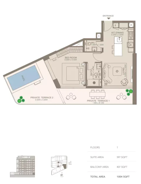 Floor plan, 1 Bed, 1,004 sq ft