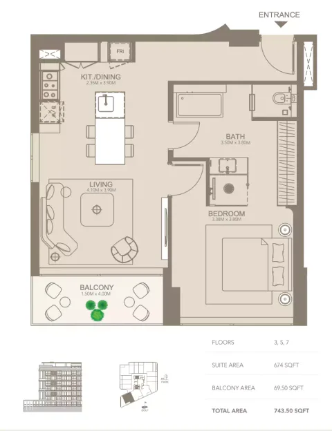 Floor plan, 1 Bed, 743 sq ft