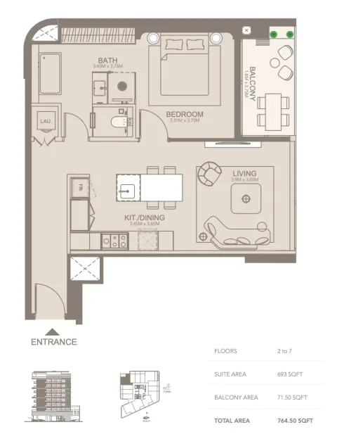 Floor plan, 1 Bed, 764 sq ft