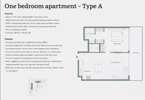 Floor plan, 1 Bed, 861 sq ft