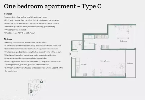 Floor plan, 1 Bed, 797 sq ft