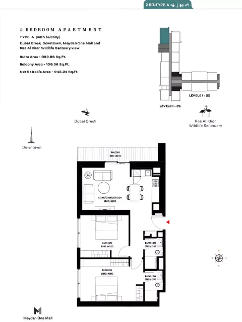 Floor plan, 2 Beds, 943 sq ft