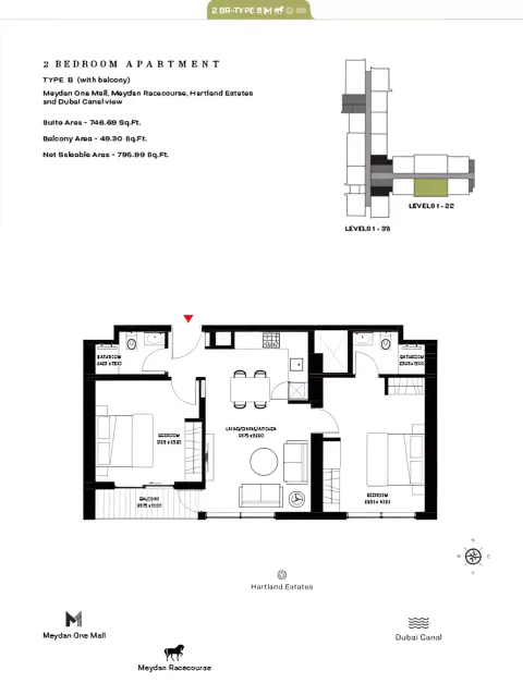 Floor plan, 2 Beds, 795 sq ft