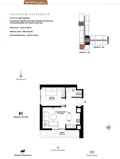 Floor plan, 1 Bed, 536 sq ft