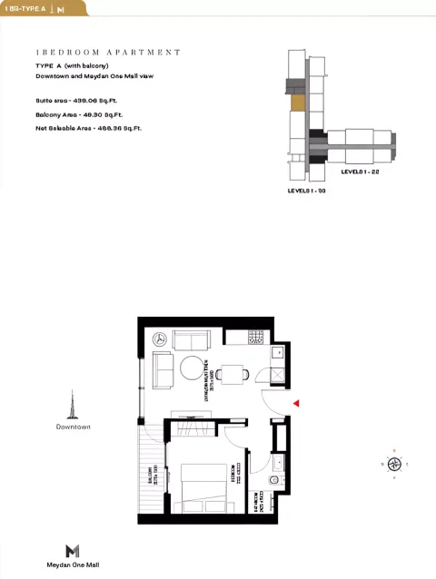 Floor plan, 1 Bed, 488 sq ft