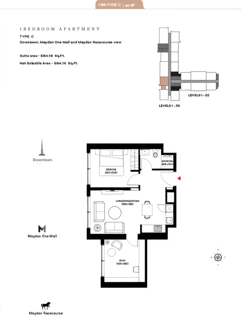 Floor plan, 1 Bed, 584 sq ft