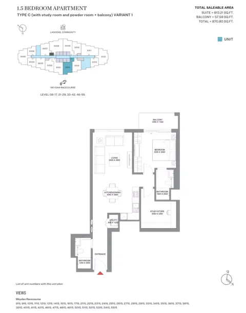Floor plan, 1 Bed, 870 sq ft