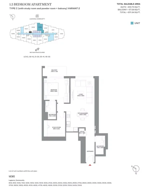 Floor plan, 1 Bed, 871 sq ft