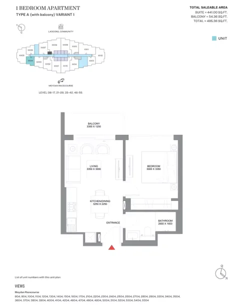 Floor plan, 1 Bed, 495 sq ft