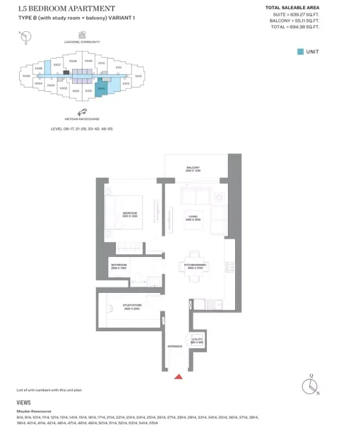 Floor plan, 1 Bed, 694 sq ft