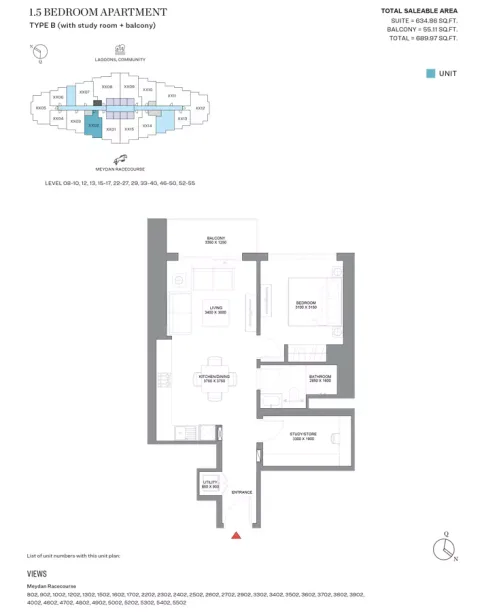 Floor plan, 1 Bed, 689 sq ft