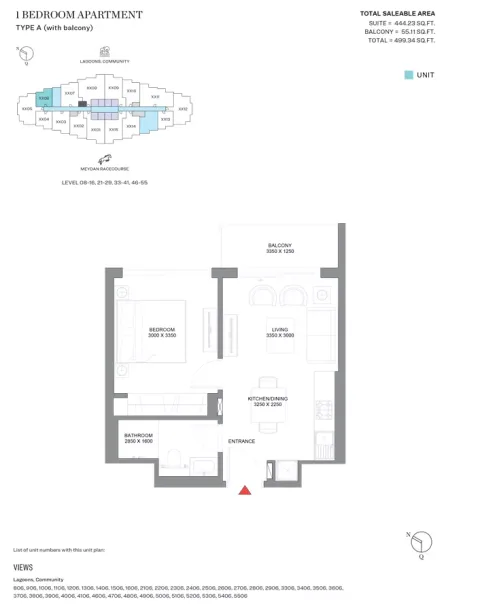 Floor plan, 1 Bed, 499 sq ft