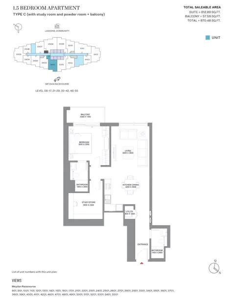 Floor plan, 1 Bed, 870 sq ft