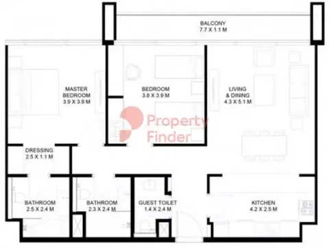 Floor plan, 2 Beds, 1,135 sq ft