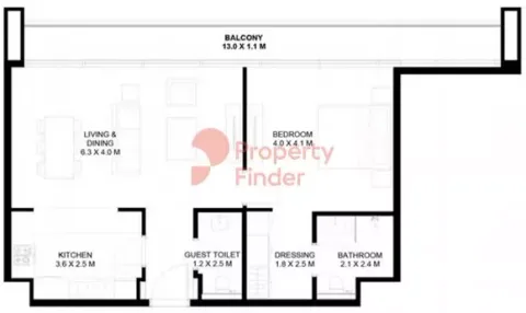 Floor plan, 1 Bed, 956 sq ft