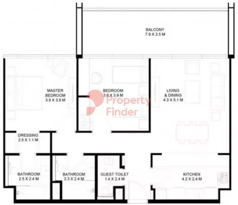 Floor plan, 2 Beds, 1,256 sq ft