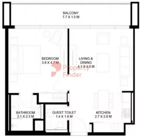 Floor plan, 1 Bed, 743 sq ft