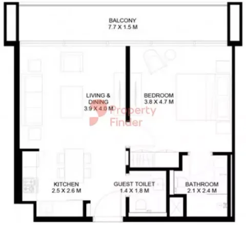 Floor plan, 1 Bed, 727 sq ft