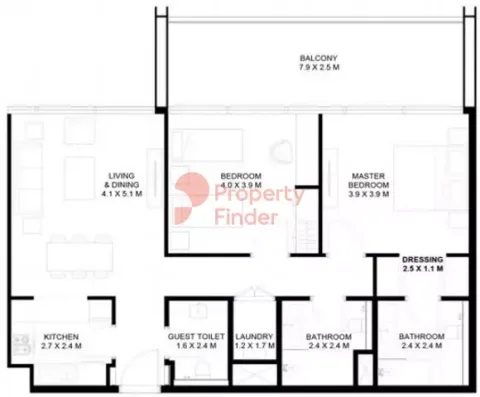 Floor plan, 2 Beds, 1,269 sq ft