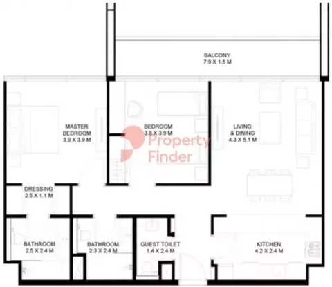 Floor plan, 2 Beds, 1,170 sq ft