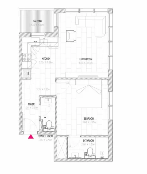 Floor plan, 2 Beds, 647 sq ft