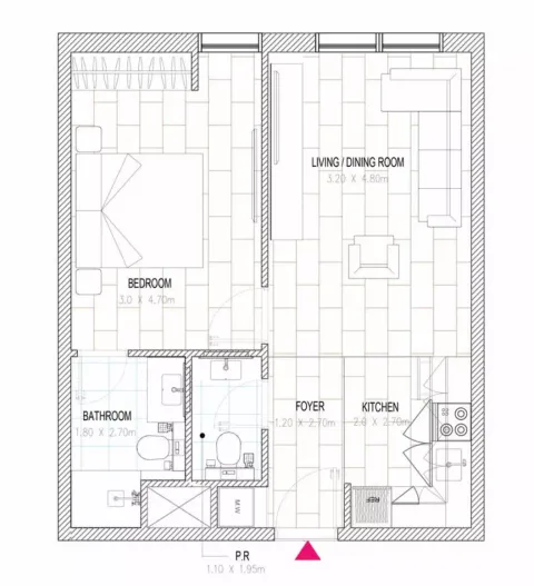 Floor plan, 1 Bed, 540 sq ft