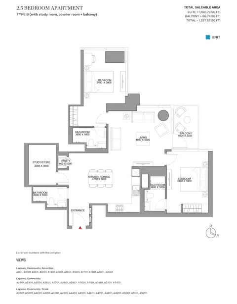 Floor plan, 3 Beds, 1,227 sq ft