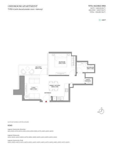 Floor plan, 1 Bed, 634 sq ft