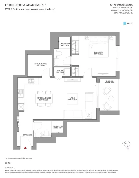 Floor plan, 2 Beds, 858 sq ft
