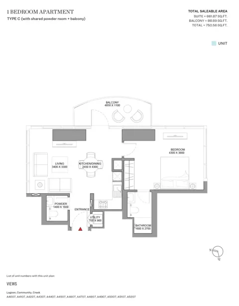 Floor plan, 1 Bed, 750 sq ft