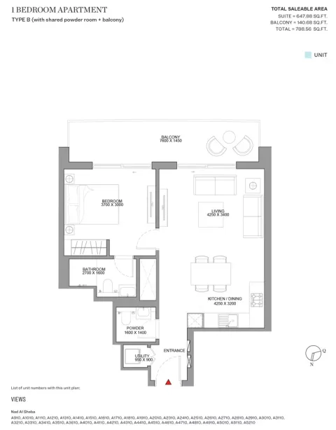 Floor plan, 1 Bed, 788 sq ft