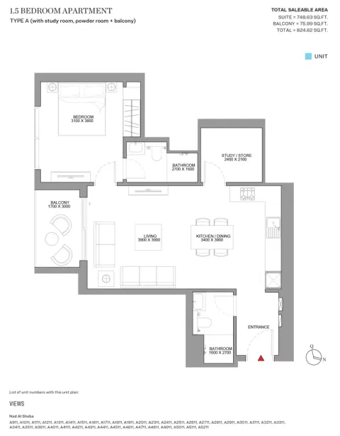 Floor plan, 2 Beds, 824 sq ft