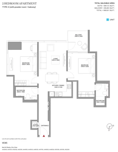 Floor plan, 2 Beds, 966 sq ft