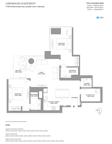 Floor plan, 2 Beds, 1,152 sq ft
