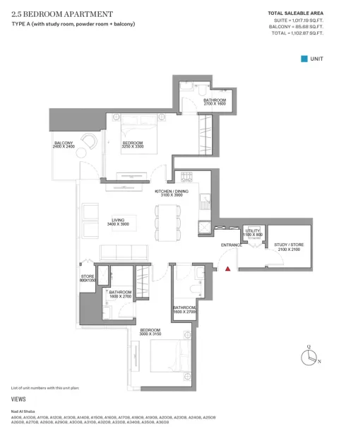 Floor plan, 3 Beds, 1,102 sq ft