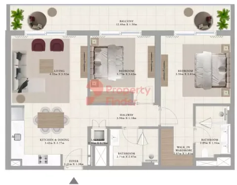 Floor plan, 2 Beds, 1,224 sq ft