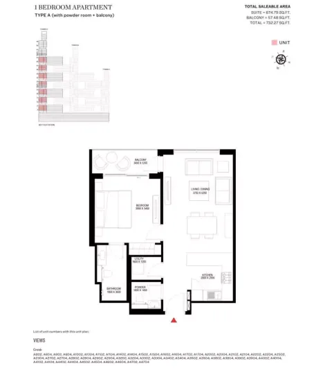 Floor plan, 1 Bed, 732 sq ft