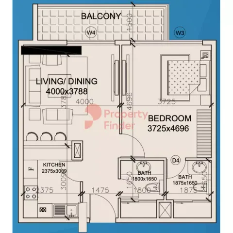 Floor plan, 1 Bed, 734 sq ft