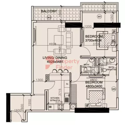 Floor plan, 2 Beds, 1,155 sq ft