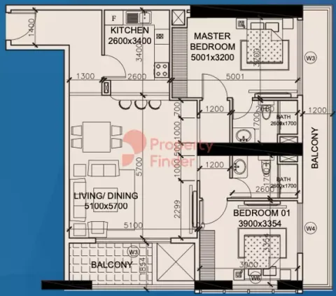 Floor plan, 2 Beds, 1,296 sq ft