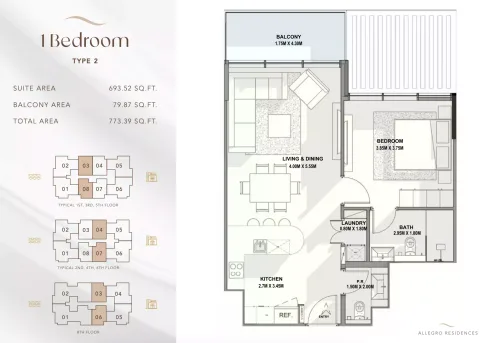 Floor plan, 1 Bed, 773 sq ft