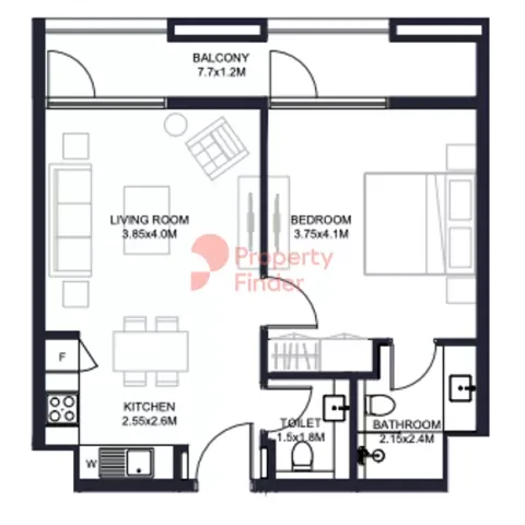 Floor plan, 1 Bed, 692 sq ft