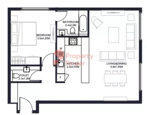Floor plan, 1 Bed, 831 sq ft