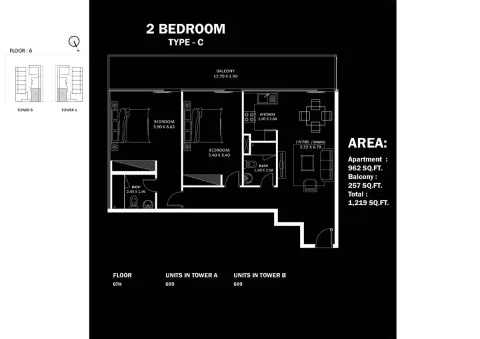 Floor plan, 2 Beds, 1,219 sq ft