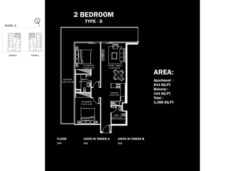 Floor plan, 2 Beds, 1,288 sq ft