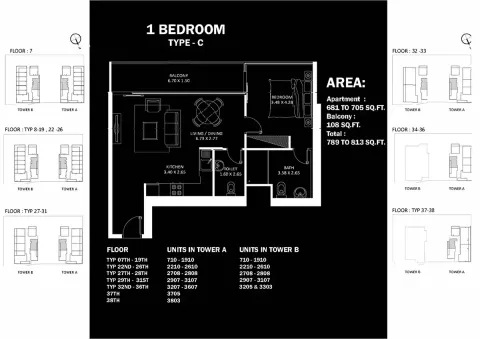 Floor plan, 1 Bed, 813 sq ft
