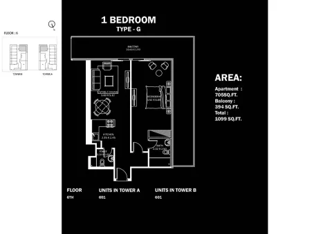 Floor plan, 1 Bed, 1,099 sq ft