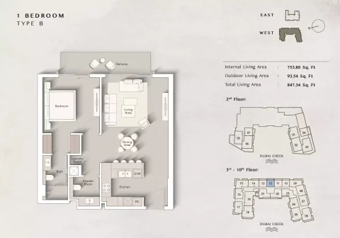Floor plan, 1 Bed, 847 sq ft